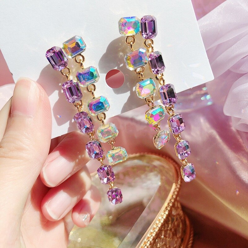 MENGJIQIAO Korean TV Star Purple Sqaure Crystal Tassel Earrings For Women Boucle doreille Jewelry