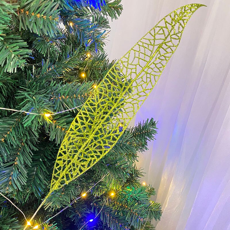 Julgran dekoration blad glitter ihåliga löv jul dekorativa blomma fest bröllop leveranser år: Grön