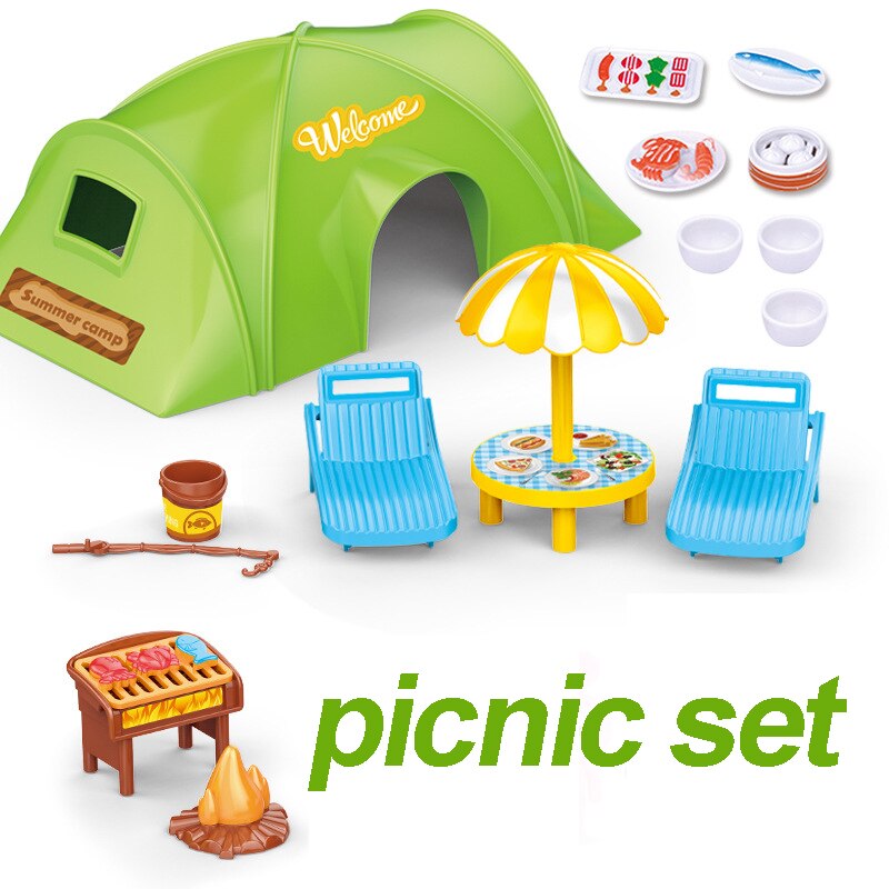 Forest Animal School Bus Desk 1:12 Tent Toy Bus Set Brown Rabbit School Desk Girl Pretend Play House Amusement Park Kids Toys: Picnic Set