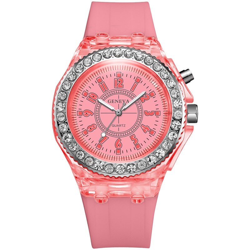 SYNOKE-relojes de cuarzo con luz Led para hombre y mujer, relojes de pulsera luminosos, con diamantes de imitación, para estudiantes y mujeres: pink