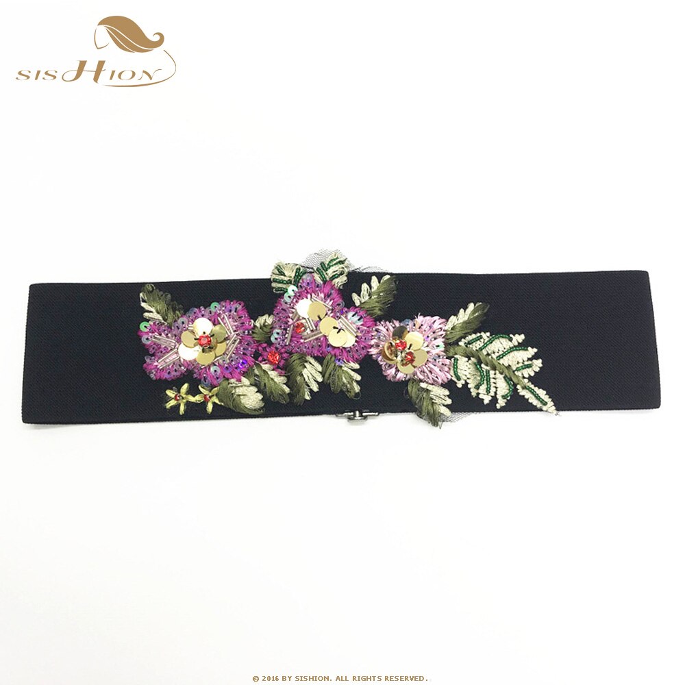 SISHION Embroidered Black Women Belt VD1229 Flower Floral Waist Corset Beautiful Stretch Elastic Waistband Wide: 7
