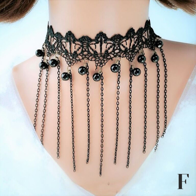 Gargantilha de renda tatuagem gótica clássica para mulheres, pingente de cristal preto, colares, joias boho, presente de Natal vintage: Preto