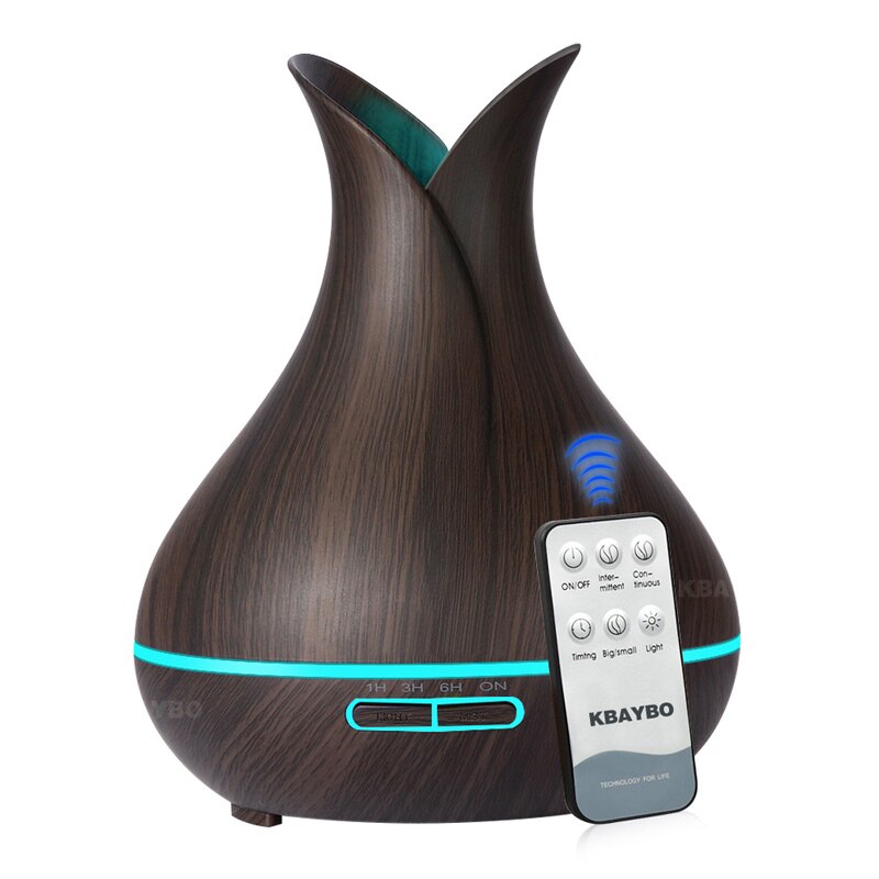 KBAYBO 400ml Aroma Essential Oil Diffuser Ultrasonic Air Humidifier with Wood Grain 7 Color Changing LED Lights for Office Home: Dark Wood / EU