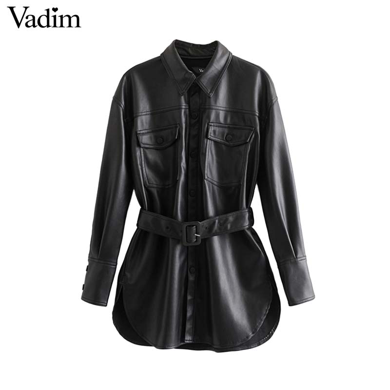 Vadim mujer chaquetas de cuero PU negro pajarita bolsillos sashes manga larga abrigos divididos prendas de vestir femeninas chic casual tapas CA585