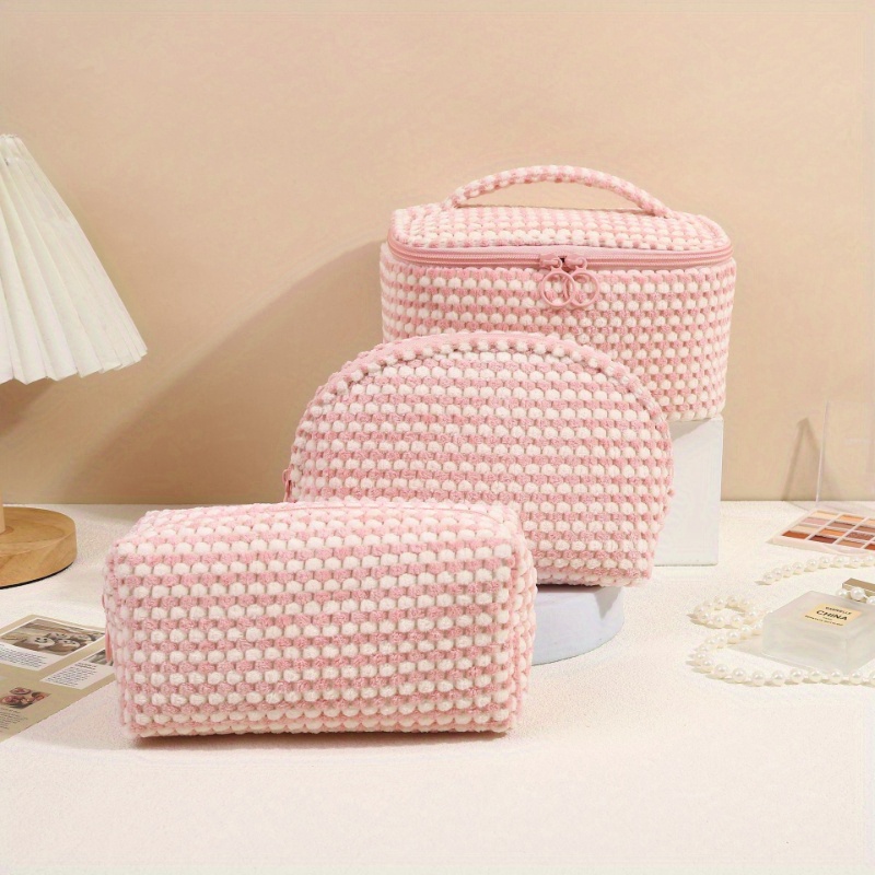 3 unids/set de bolsas de maquillaje simples y elegantes, bolsa de cosméticos a cuadros de felpa para cosméticos y artículos de tocador