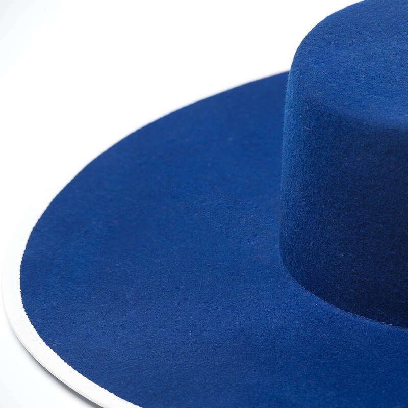 Blue Real Wool Flat Fedora Hat Men Wome Solid color Big Wide Brim Felt Hat Derby Party Church Hat Adjustable Panama Jazz Hat