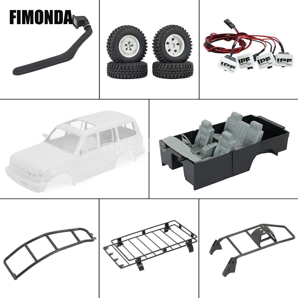 1/10 Scale LC80 Hard Body Mount Roof Rack Interior Tail Ladder Spare Wheel Carrier Snorkel LED Lamp for RC Crawler SCX10 TRX4