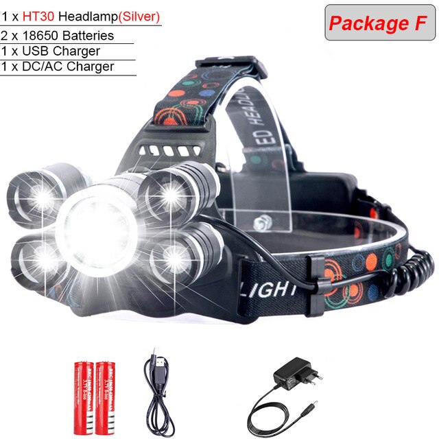 Most Powerful 7000LM LED Headlamp Zoomable XML 3/5 LED T6 Head Torch with Rechargeable 18650 battery Forehead headlight For Camp: package F