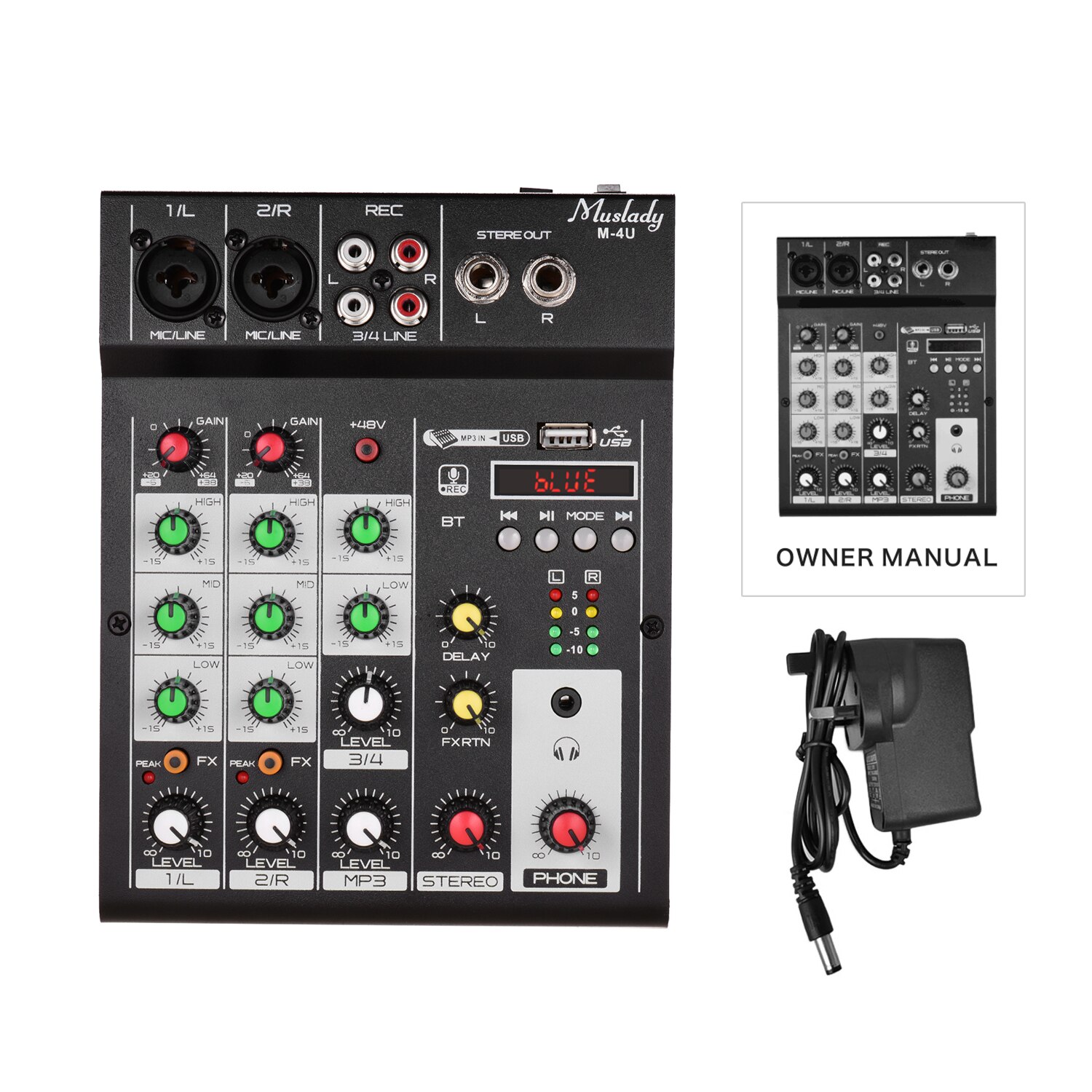 Muslady M-4U 4-Channel BT Mixing Console Digital Audio Mixer Built-in Reverb Effects +48V Phantom Power 3-band EQ Portable: UK Plug