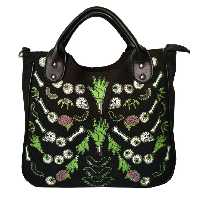JIEROTYX Canvas Tote Bag - Cartoon Gothic Floral Print - Women's Shoulder Handbag - Casual Punk Style - 40x36x14cm: Default Title