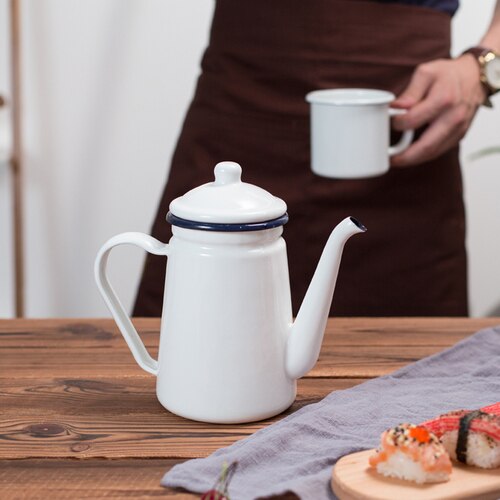 1Pc 800Ml Koffie Fornuis Ketel Emaille Pot Huishouden Kant Koffie Pot Keuken Kokend Water Theepot Reuzel Koffie Waterkoker: WHITE
