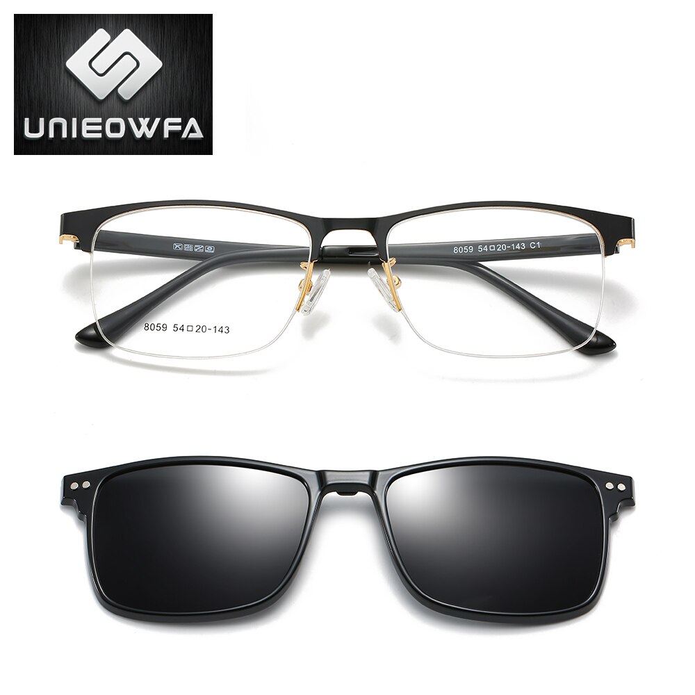 Imán Clip en gafas hombres marco Clip polarizado gafas de sol de hombres prescripción óptico montura de gafas miopía grado gafas: C1 Glod Black Gray