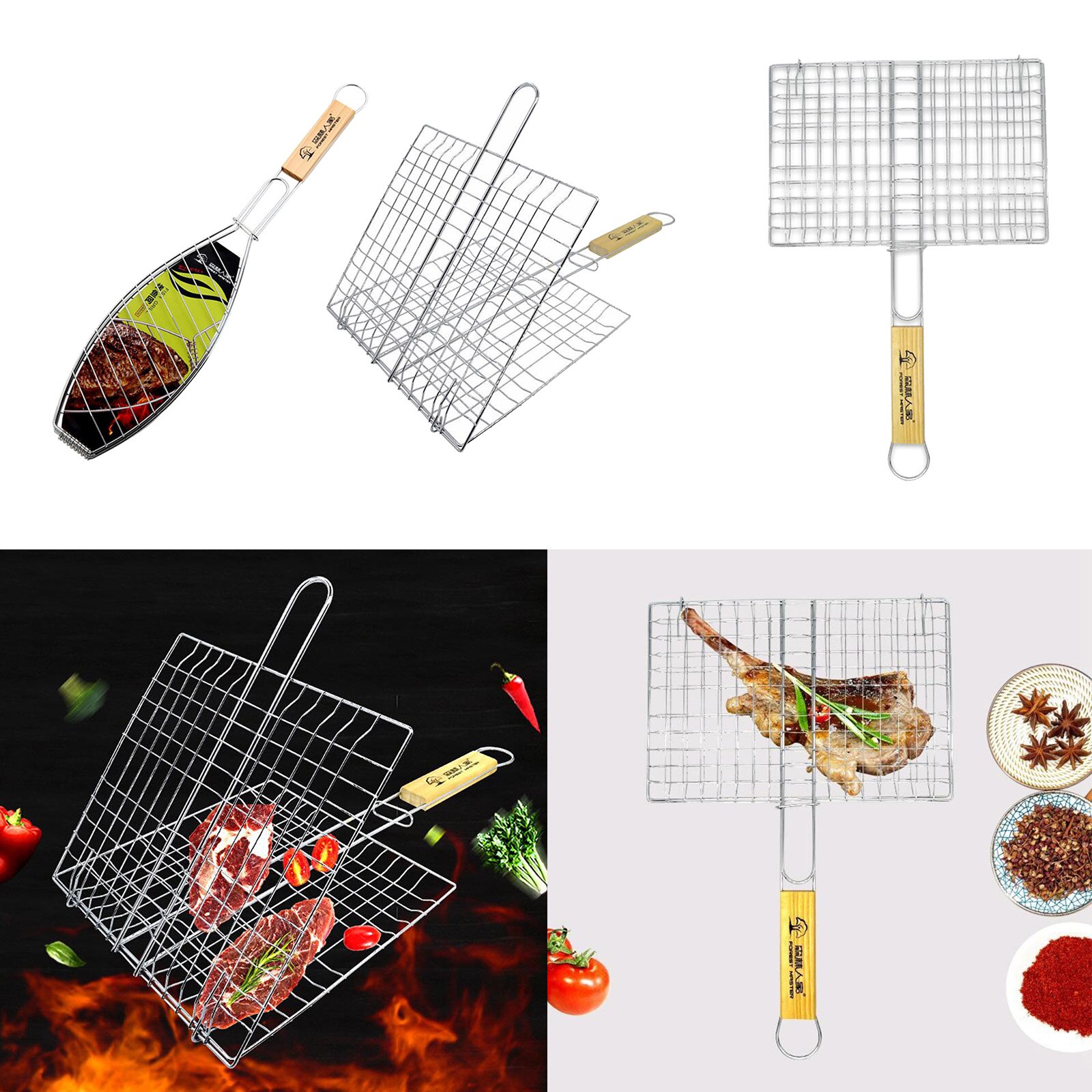 Stainless Steel Grill Basket Barbecue Grill Basket with Wooden Handle for Meat
