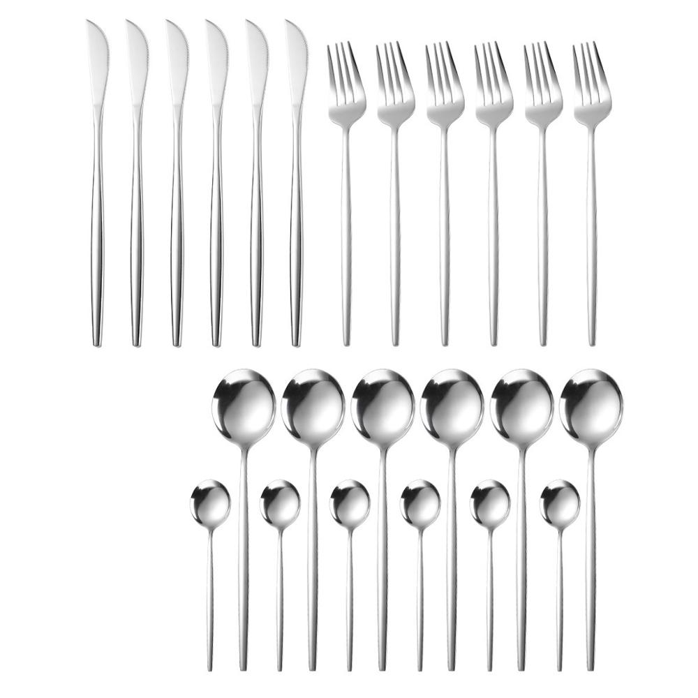 24Pcs Cutlery Set Kitchen Tools Gold Dinnerware Set Stainless Steel Knife Fork Spoon Tableware Set Home Table Decoration Gold: Silver-24PCS