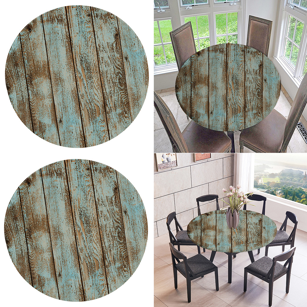 2 Pcs Tafelkleed Ronde 59 Inch Elastische Rand Voorzien Vinyl Tafel Dekken, Rustieke Shabby Houtnerf Patroon