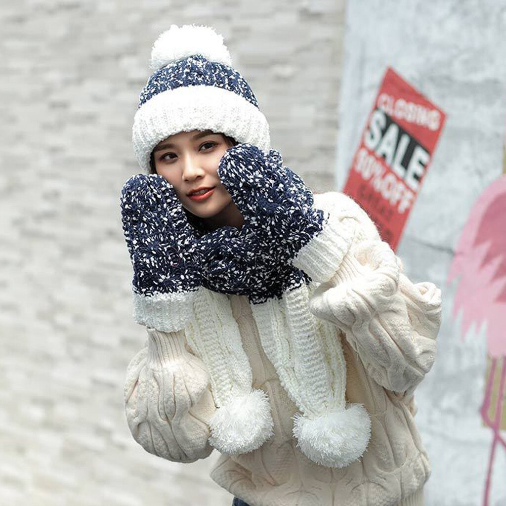 Invierno 3 piezas bufanda de las mujeres conjunto de Patchwork cálido de punto de sombrero bufanda + guantes Set Bola de Pelo bufandas guantes del sombrero conjunto: Navy 
