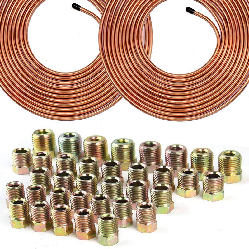 Tubería de freno de cobre, Kit de tubería de freno con 32 tuercas, tubería de cobre de agua fría y , 25 pies, 1/4 y 25 pies, 3/16