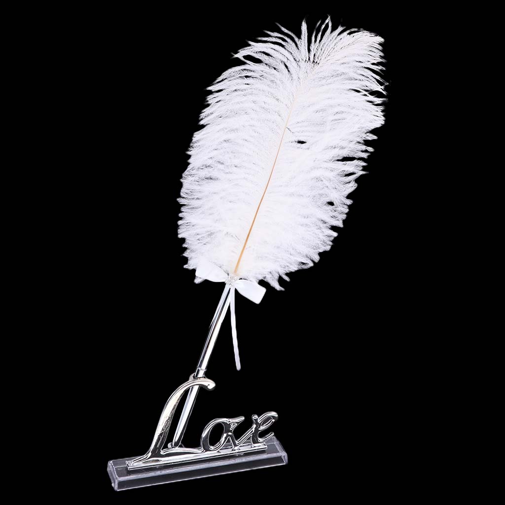 Pluma de firma de libro de invitados pluma blanca de boda con soporte de amor dorado