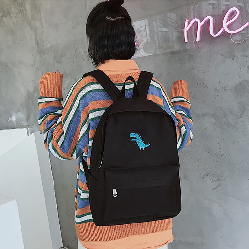 Coreano lona mochila estudante para meninas adolescentes mochila de viagem grande capacidade bonito dos desenhos animados dinossauro imprimir mochila casual