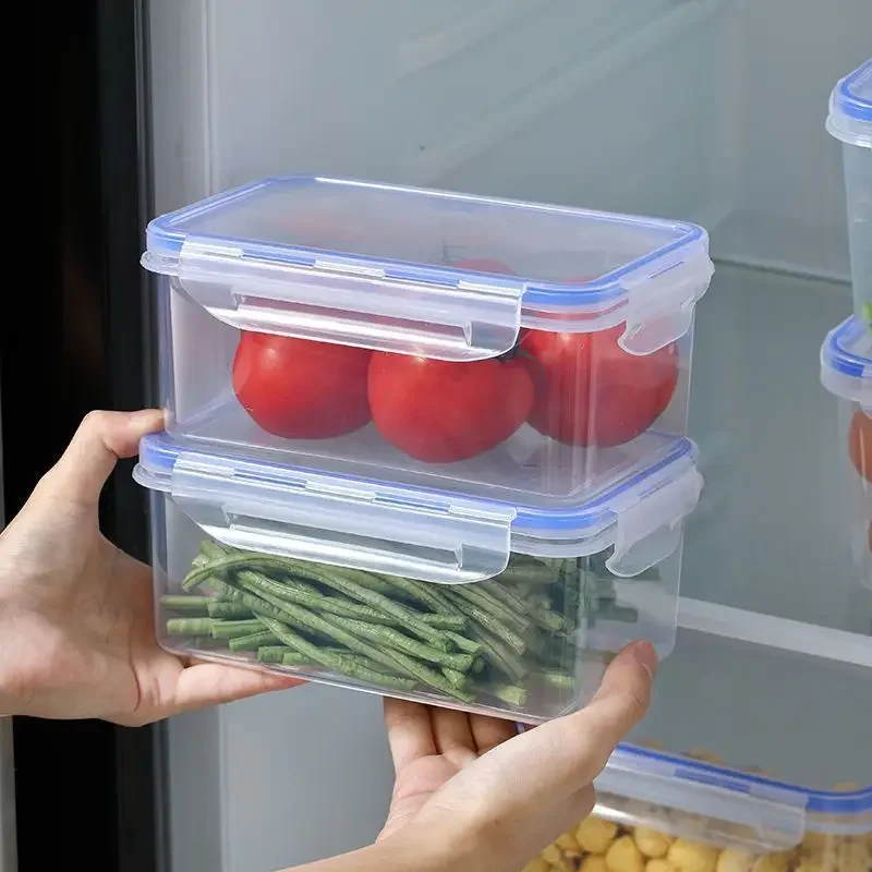 Caja de almacenamiento de refrigerador Rectangular sellada con tapa, fiambrera de plástico calentada por microondas con tapa