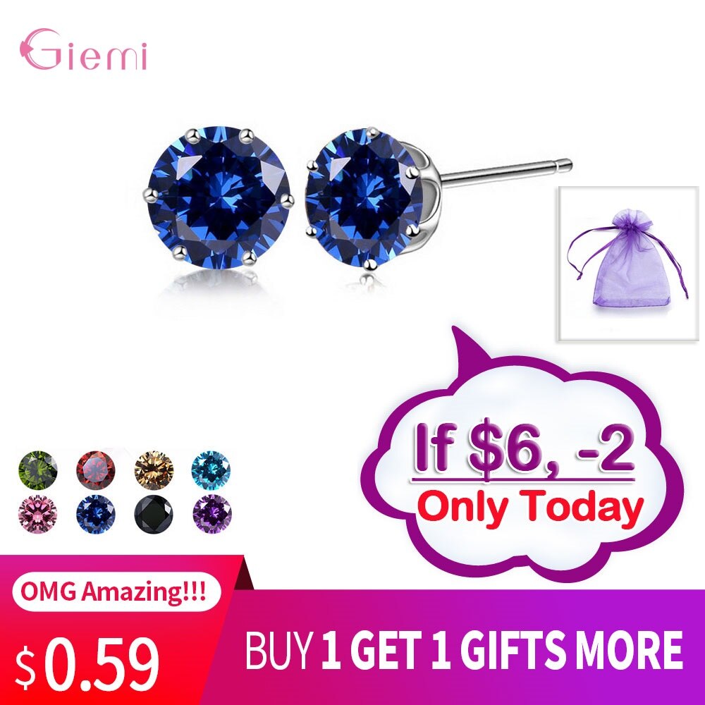 Cubic Zirconia CZ Stone 6MM Jewelry Stud Earrings 925 Sterling Silver Earrings Women 20 Colors