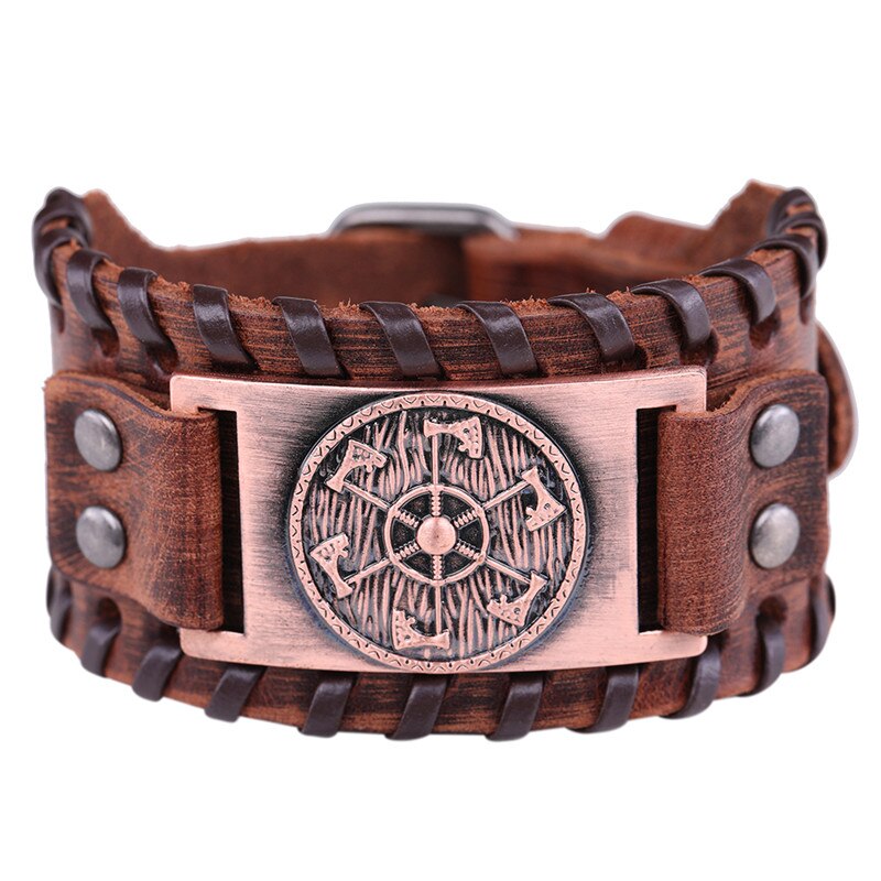 Skyrim – bracelet en cuir large avec pendentif de hache Viking, bijoux de la mythologie nordique, amulette Kolovrat esclave Wicca Pulseira: wide brown-copper