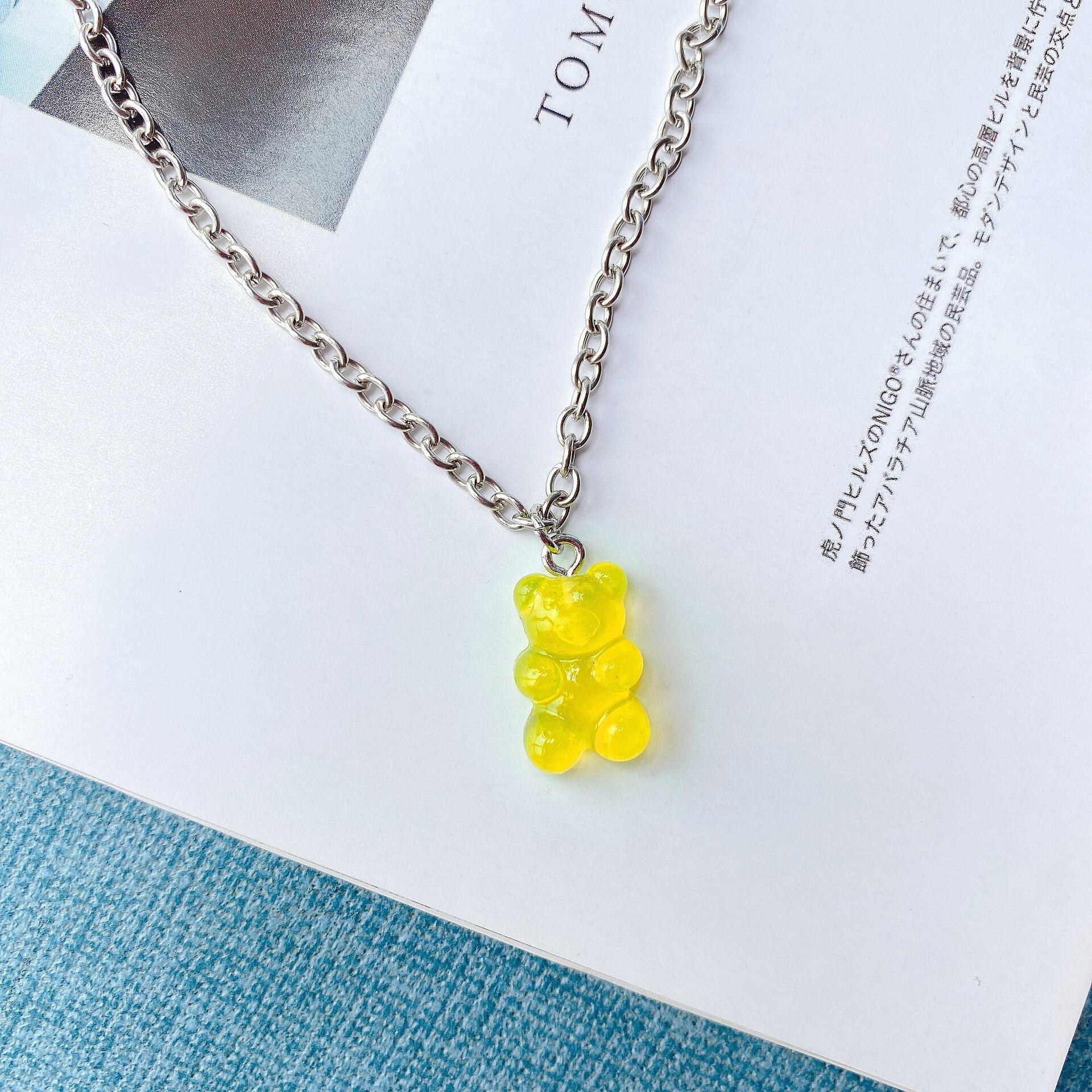 Collier en acier inoxydable fait à la main, 7 couleurs, mignon, ours de bonbons de dessin animé, pendentif de couleur bonbon, bijoux quotidiens pour femmes et filles, de fête: Yellow