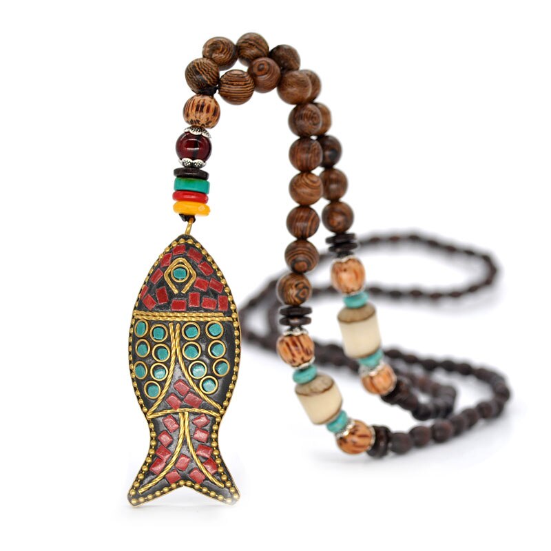 Yumfeel Handgemaakte Nepal Sieraden Boeddhistische Mala Hout Kralen Hanger Ketting Etnische Hoorn Vis Lange Verklaring Ketting Voor Vrouwen Mannen: N2038