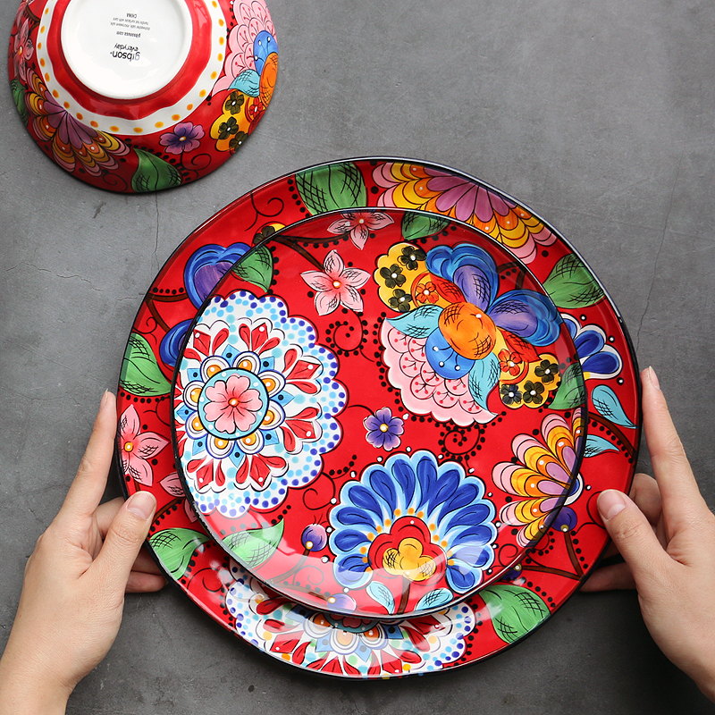 Vaisselle de table en céramique chinoise | Cuisine individuelle, peinte à la main, mariage rouge traditionnel chinois assiette de légumes ménagère bol ouest
