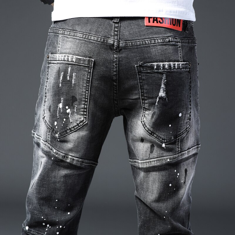Skinny jeans mænd revet jeans til elastisk maling slanke bukser herretøj hip hop streetwear forår efterår dybgrå