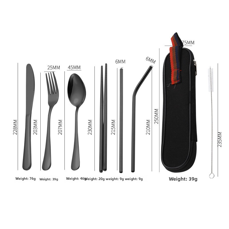 Vajilla portátil de acero inoxidable, vajilla occidental, palillos y pajitas, juego de cubiertos de viaje reutilizables, juego de utensilios para campamento: Oro