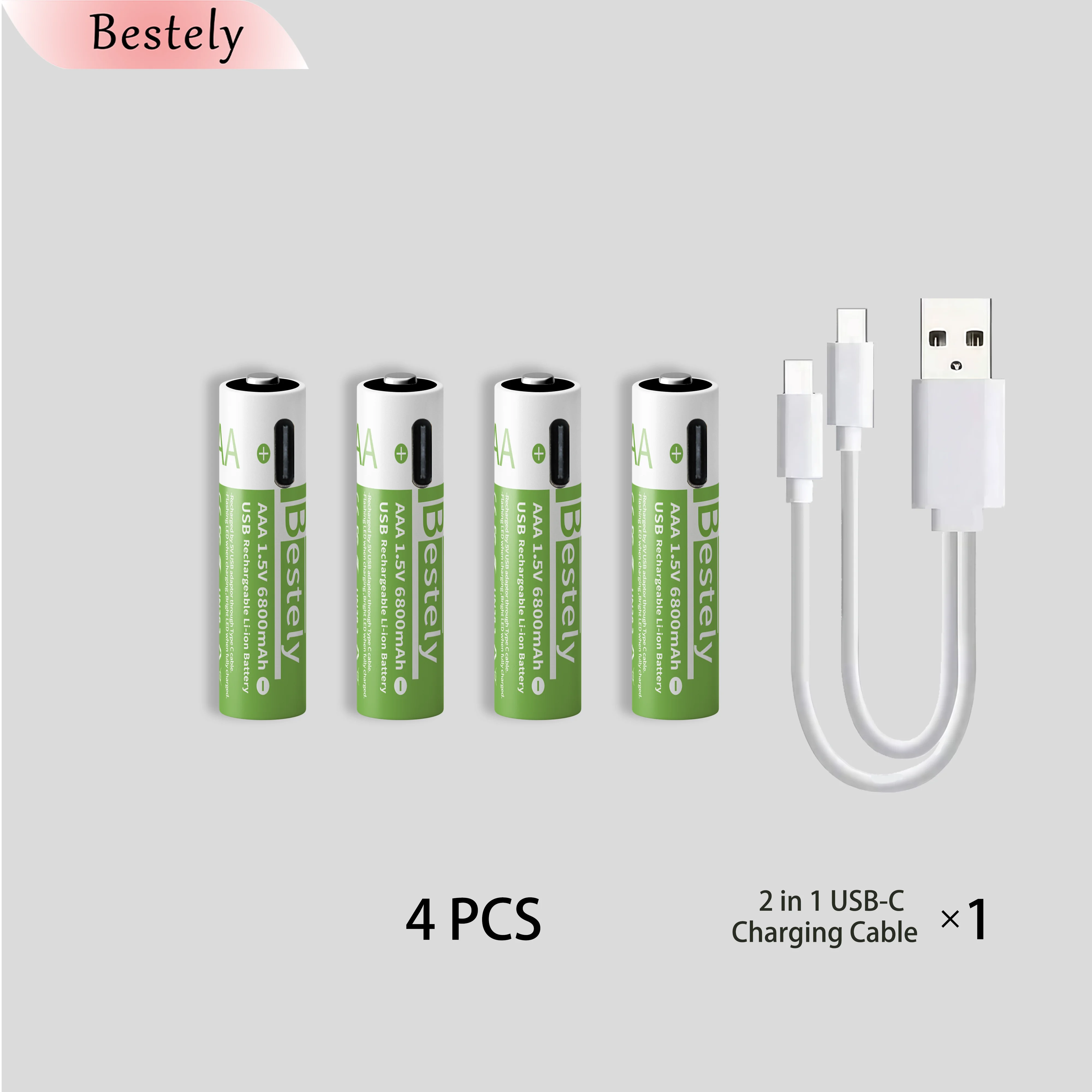 1.5v AAA 6800mAh Rechargeable Lithium Batteries High Capacity AAA Li-ion Battery Type-C USB 2000 times cycle with free cable: Beige