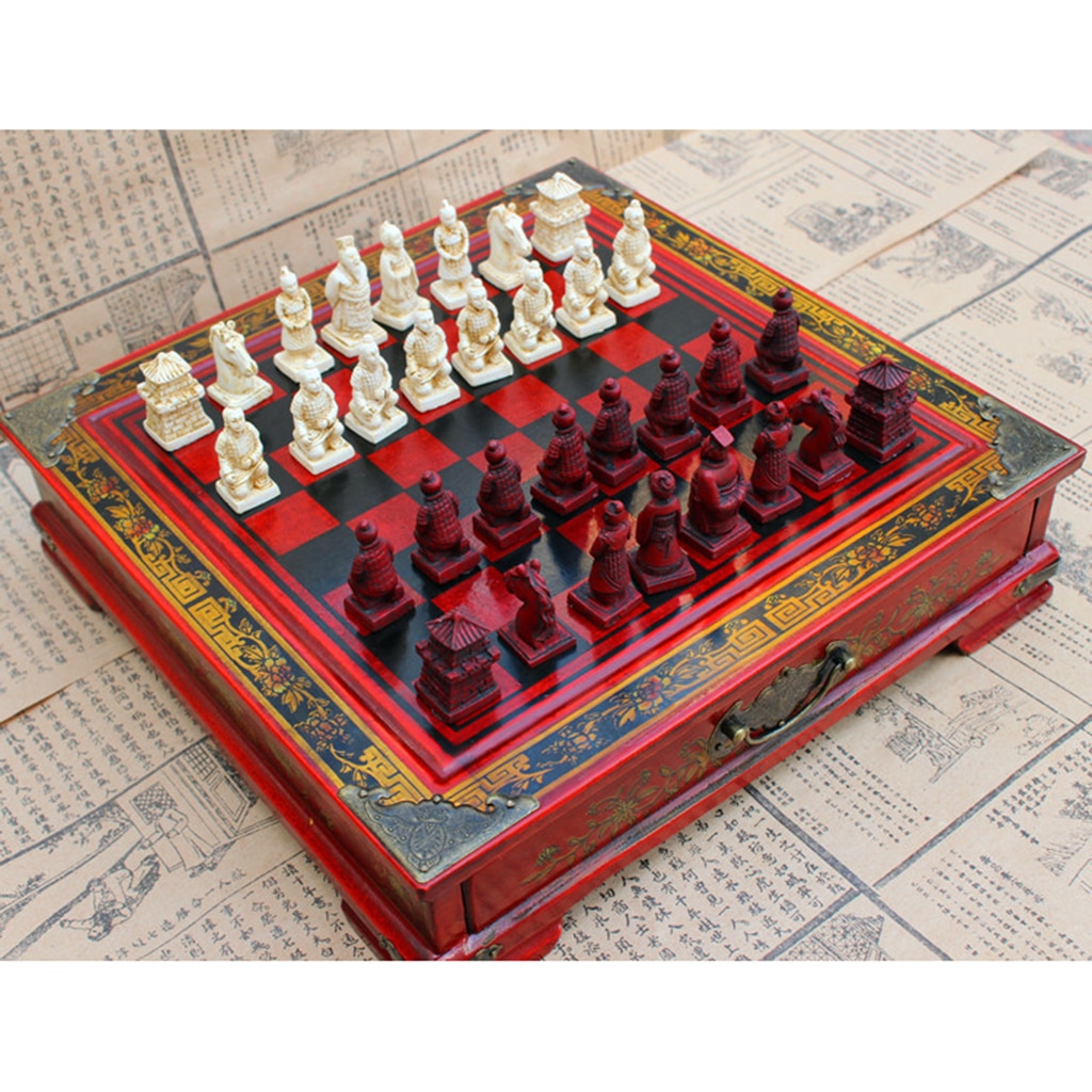 Ancient Chinese Style Collectible Wood Chess Set Chessman Classic Warriors Chess Board Table Games for Kids Adults Families