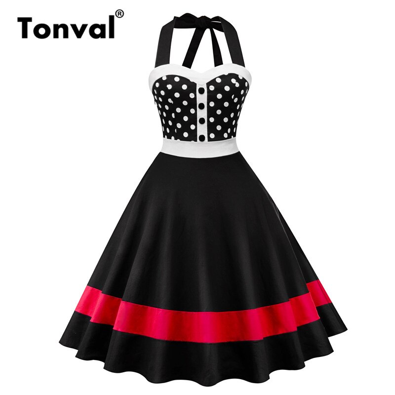 Tonval Pin up Rockabilly Polka Dot Dress A Line Vintage Hepburn 50s Dress Women Party Halter Dress