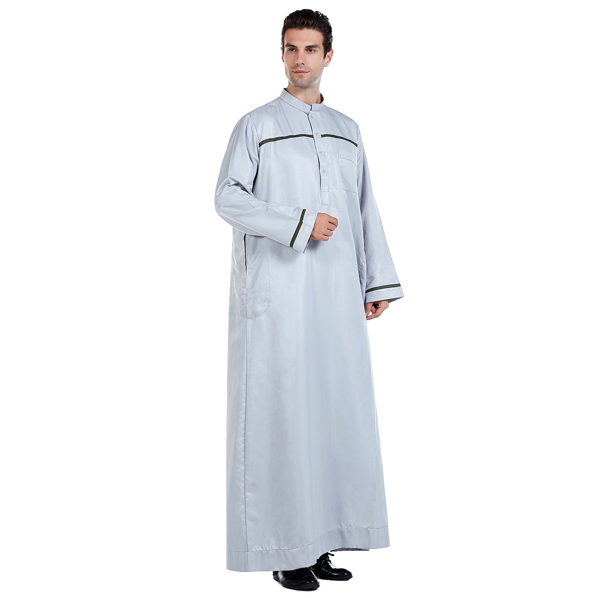 Ramadan thobe para homem muçulmano gola manga longa roupa arábia saudita islâmica poliéster robe maxi-muslim huui dubai abaya: L / Preto