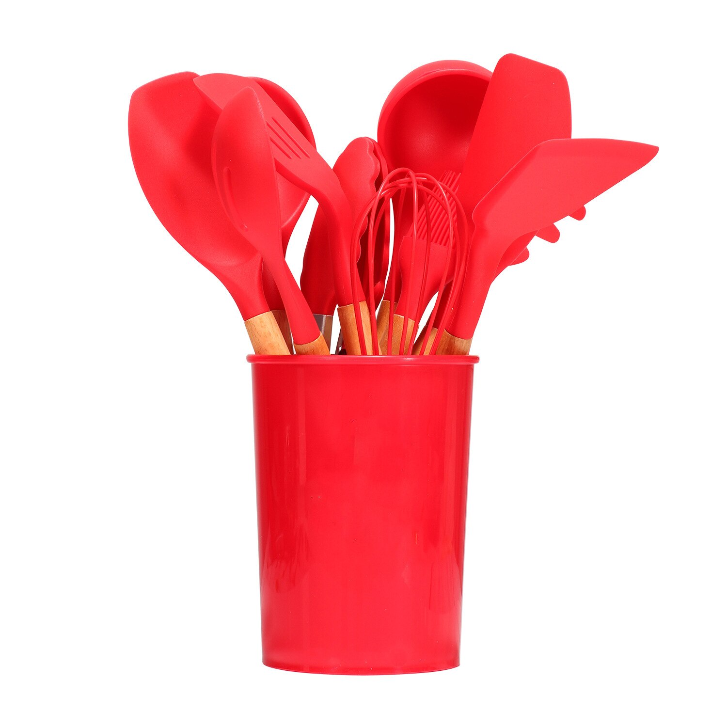 Silicone Kitchenware Cooking Utensils Set Non-stick Cookware Spatula Shovel Egg Beaters Wooden Handle Kitchen Cooking Tool Set: Red