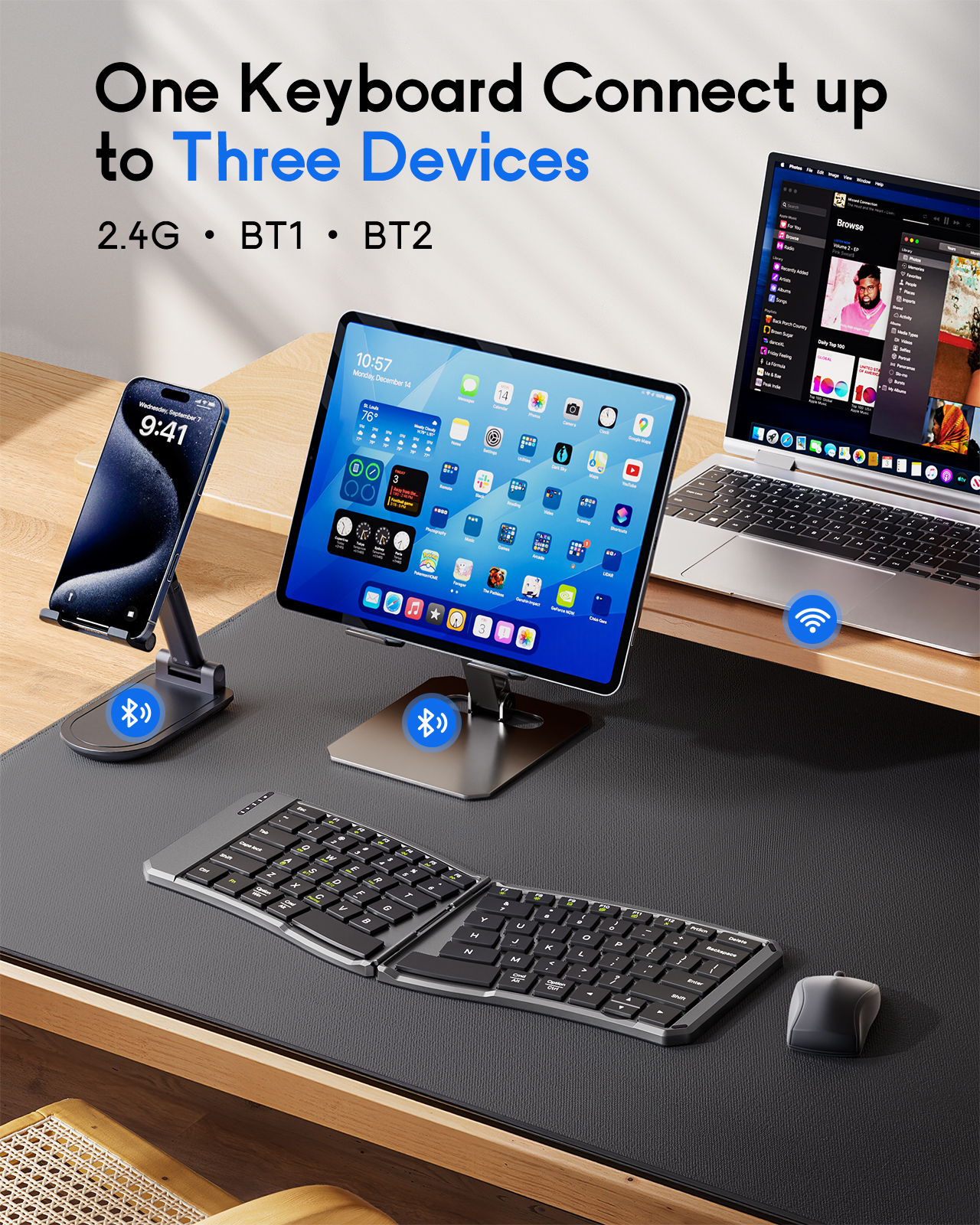 MoKo Foldable Bluetooth Keyboard,Ergonomic Keyboard with Bluetooth Connection 2.4G Wireless Connection for iOS/Android/Windows