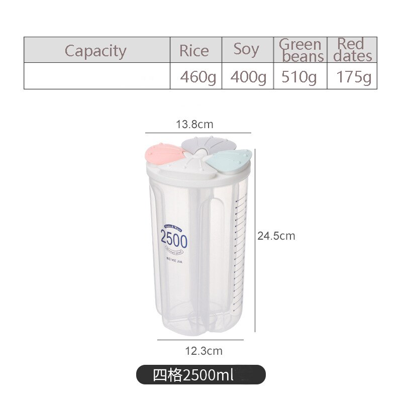 Food Storage Box Rotating Dry Rice Container Grain Tank Moisture-Proof Sealed Cans Separate Transparent Organizers: 4 grid-2500ml