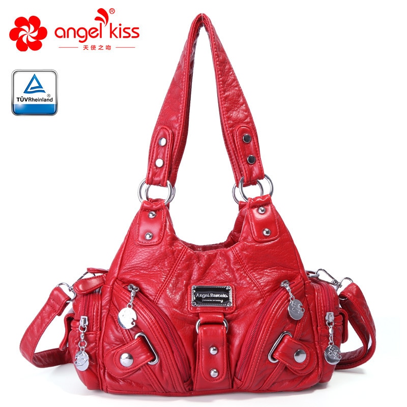 Multi lomme blød pu læder skuldertasker til kvinder fritids shopping crossbody hobo tasker europæiske damer tote håndtaske: Rød