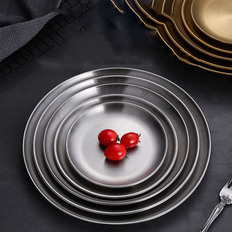 Metal Dinner Plates- Stainless Steel Color Heavy Duty Kitchenware Round Metal 14cm 26cm Gold Silver Plates | Dishwasher Safe