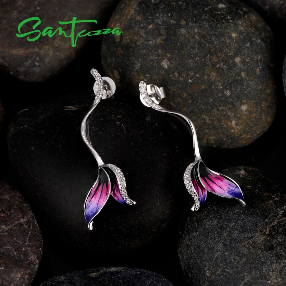 SANTUZZA Jewelry Set For Women 925 Sterling Silver Delicate Purple Leaves Earrings Necklace Jewelry Handmade Enamel