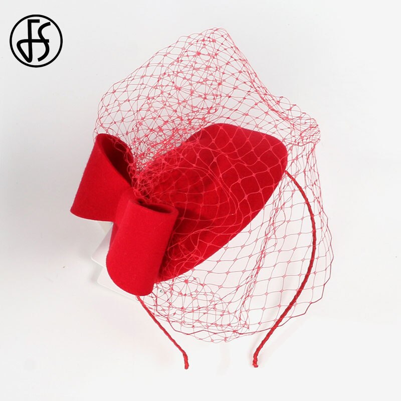 Fs 100%  uld pillbox hat med slør fascinator lilla hatte til kvinder fedora hat derby damer kirke bryllup hatte: Røde fascinerere