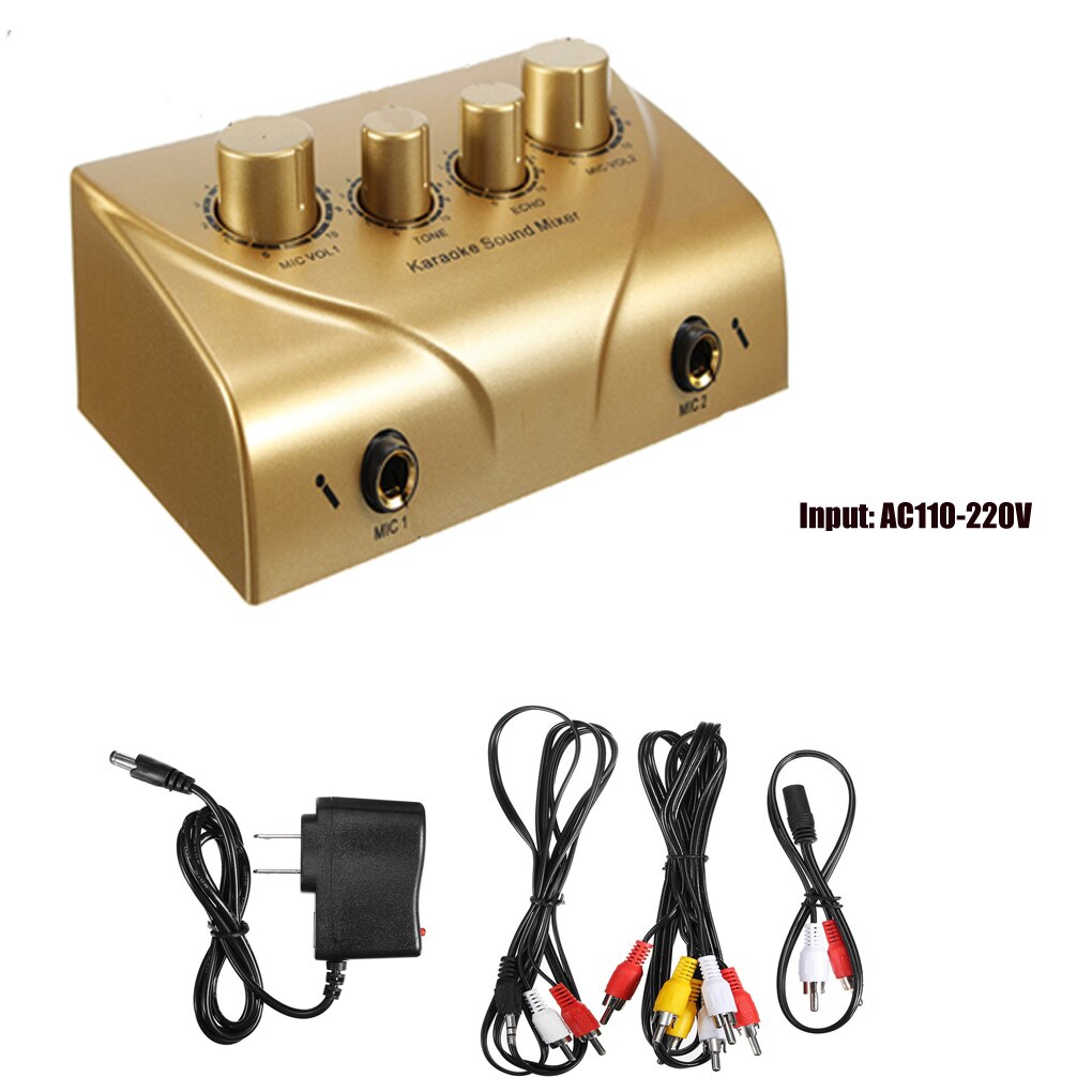 Portable Dual Mic Inputs Audio Sound Mixer For Amplifier & Microphone Karaoke OK Mixer: gold US Plug