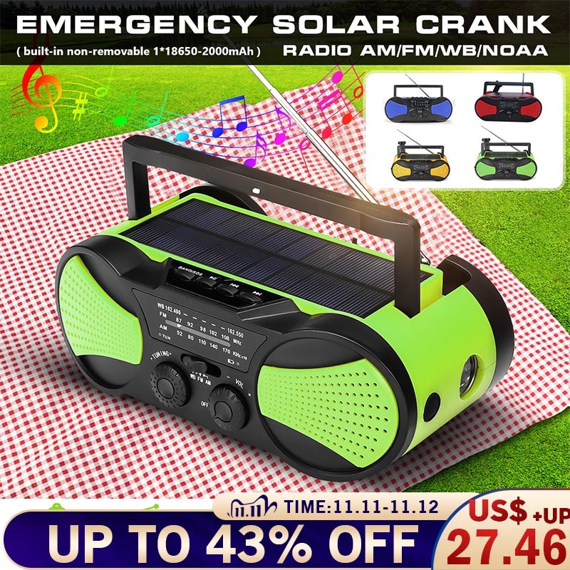Solar Power WB Crank Emergency Power Bank Hand Crank Self Powered AM/FM Weather Portable Radio 2000mAh Rechargeable