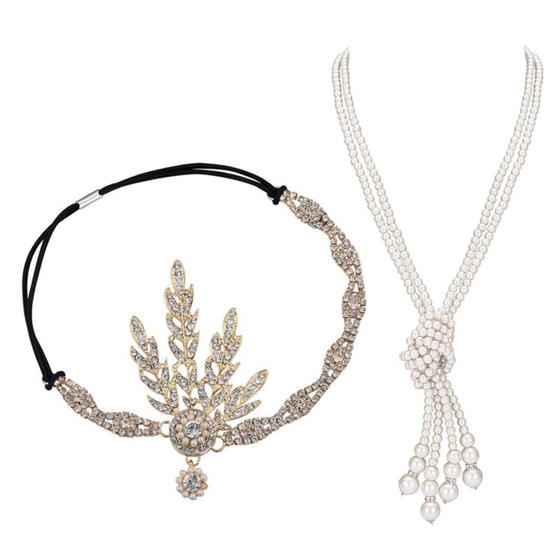Great Gatsby Accessories Set for Women 1920s Flapper Pearl Necklace Headband Leaf Headpiece Party Costume Jewelry: gold P125
