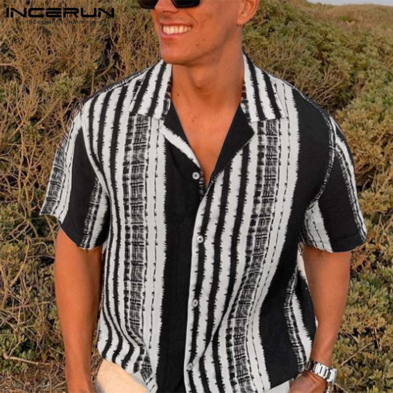 Men Shirt Summer Striped Print Lapel Short Sleeve Breathable Hawaiian Shirts Streetwear Button Casual Camisas INCERUN S-3XL