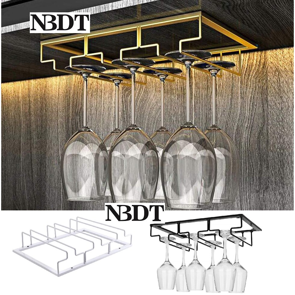 Porte-verre à vin monté sur le dessus | Support sous le meuble, verres à pied, organisateur en fer rustique, cintre de rangement noir, blanc or 3 4 5 rangée