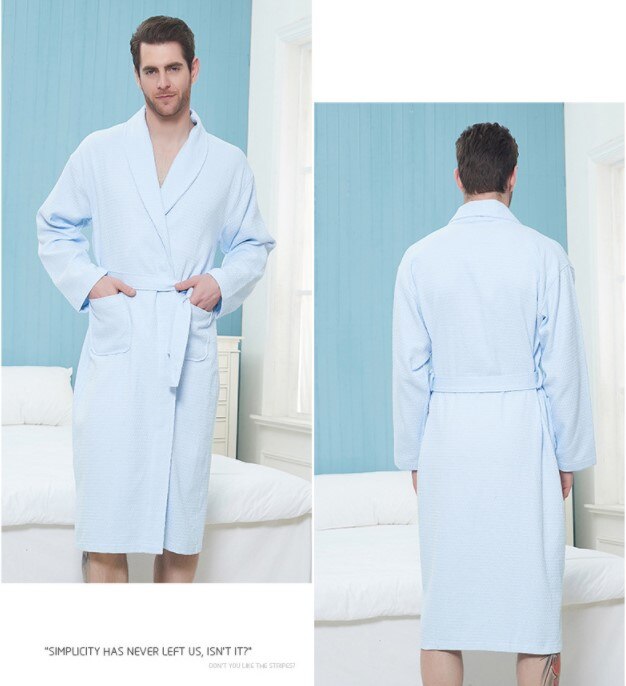Vår høst tynn bomull vaffel badekåpe for menn kvinner hjemme hotell badekåper unisex svette fordampe spa kimono morgenkåpe: Menn blå / L