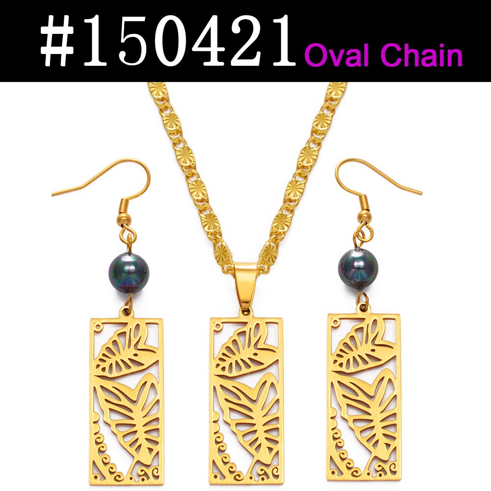 Anniyo Hawaiian Jewelry sets Leaf Black Pearl Necklace Earrings Marshallese Guam Micronesia Chuuk Pohnpei Wedding #150421: Oval Chain / 45cm or 17.7 Inches