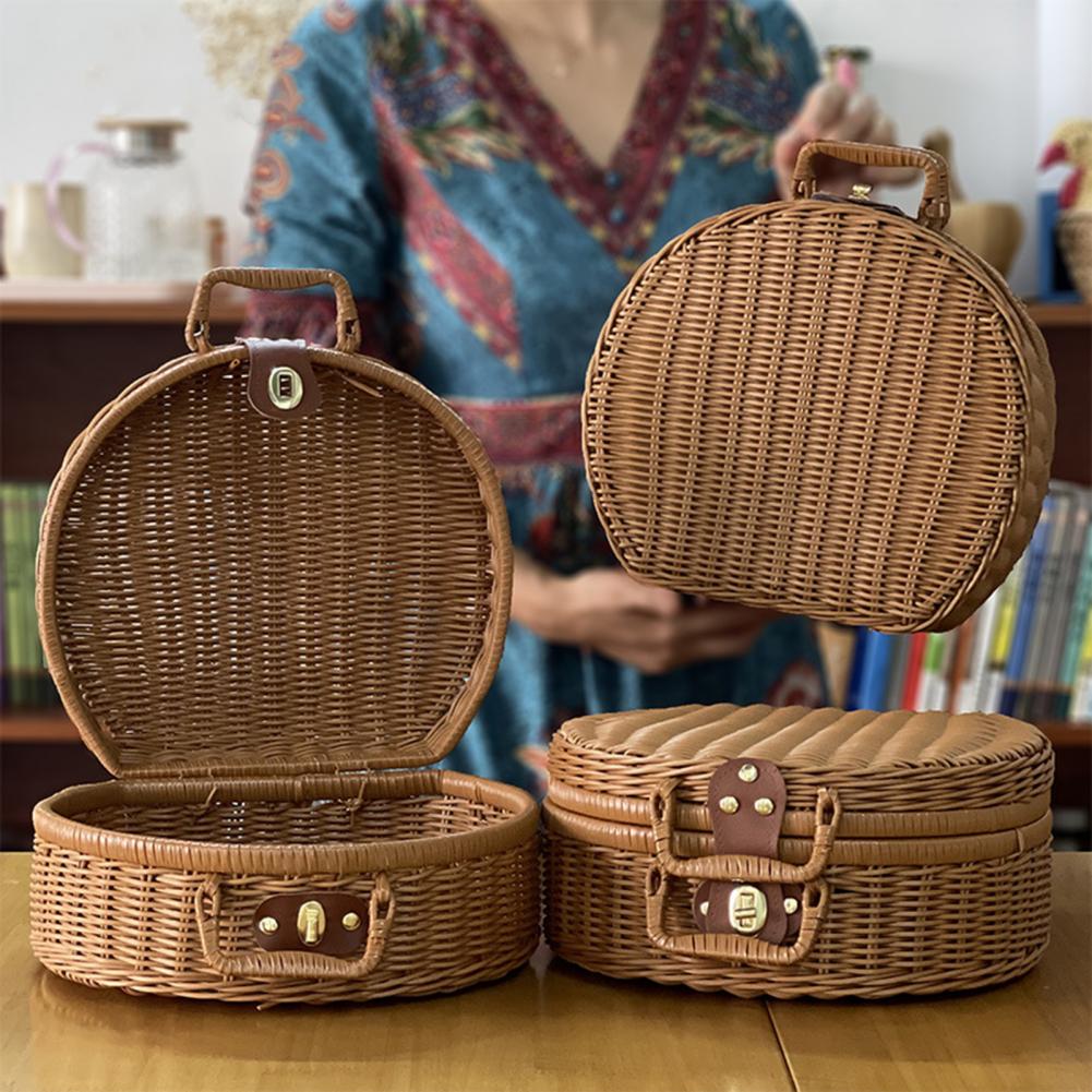 Valise en osier, boîte à bagages tissée en rotin, panier de pique-nique tissé Vintage, boîte de rangement, accessoires ménagers